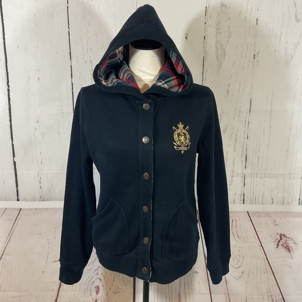 Lauren Jeans Co Ralph‎ Lauren Sweatshirt Hoodie Women M Black Snap Crest Preppy
